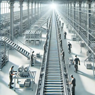 DALL·E 2024-10-14 14.26.07 - A linear and continuous production line, perfect for mass production, showing a long conveyor belt with human workers evenly spaced along the line. Ea