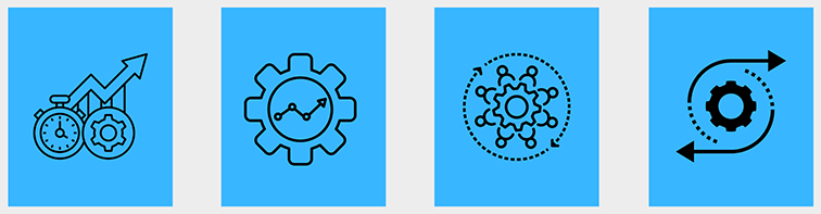 Symbole der Vorteile von Kaizen - Effizienz, Produktivität, Unternehmenskultur und Veränderungen