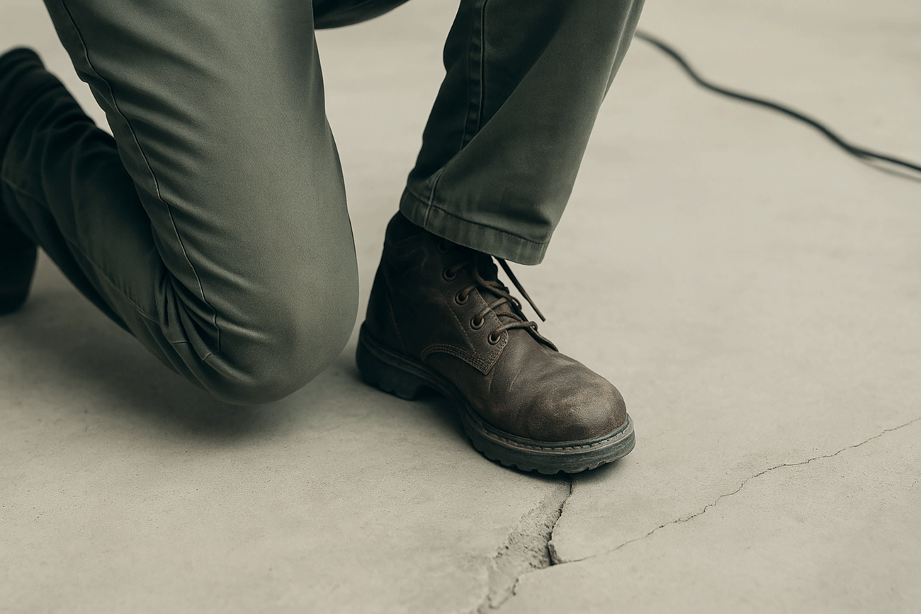 Ein brauner Arbeitsschuh steht auf der Kante einer abgesenkten Betonplatte in einer Industrieumgebung. Die unebene Fläche des Industriebodens und das lose Kabel im Hintergrund weisen auf eine mögliche Stolpergefahr hin