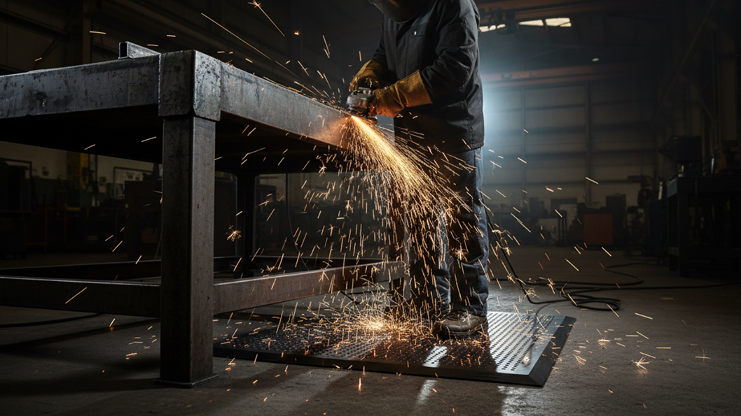 Industriearbeiter schleift Metall an einem massiven Stahltisch, starker Funkenflug trifft auf eine schwarze ergonomische Arbeitsplatzmatte in einer Produktionshalle.