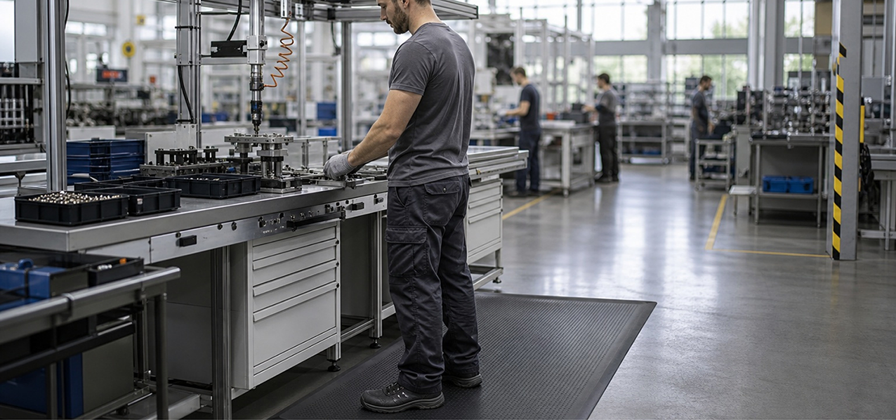 Produktionsmitarbeiter steht auf einer ergonomischen Anti-Ermüdungsmatte an einem Montagearbeitsplatz und bearbeitet Bauteile an einer Werkbank, im Hintergrund weitere Mitarbeiter in einer modernen Fertigungshalle.