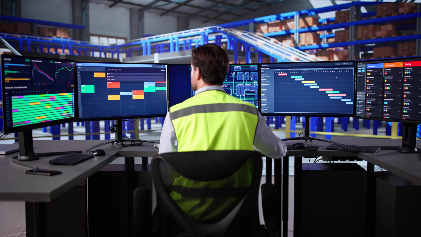 Materialflussplanung in der Produktion: Mitarbeiter steuert Materialfluss digital, Produktionslogistik, Materialflusssteuerung, Intralogistik-Optimierung und effiziente Produktionsprozesse