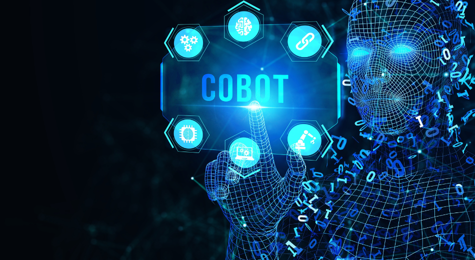Grafische Darstellung eines Cobots: Es symbolisiert kollaborative Robotersysteme, die mit Menschen zusammenarbeiten.